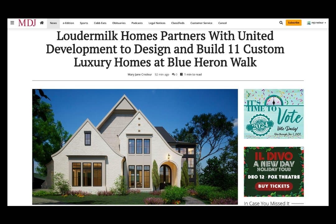 Loudermilk Homes Partners With United Development to Design and Build 11 Custom Luxury Homes at Blue Heron Walk